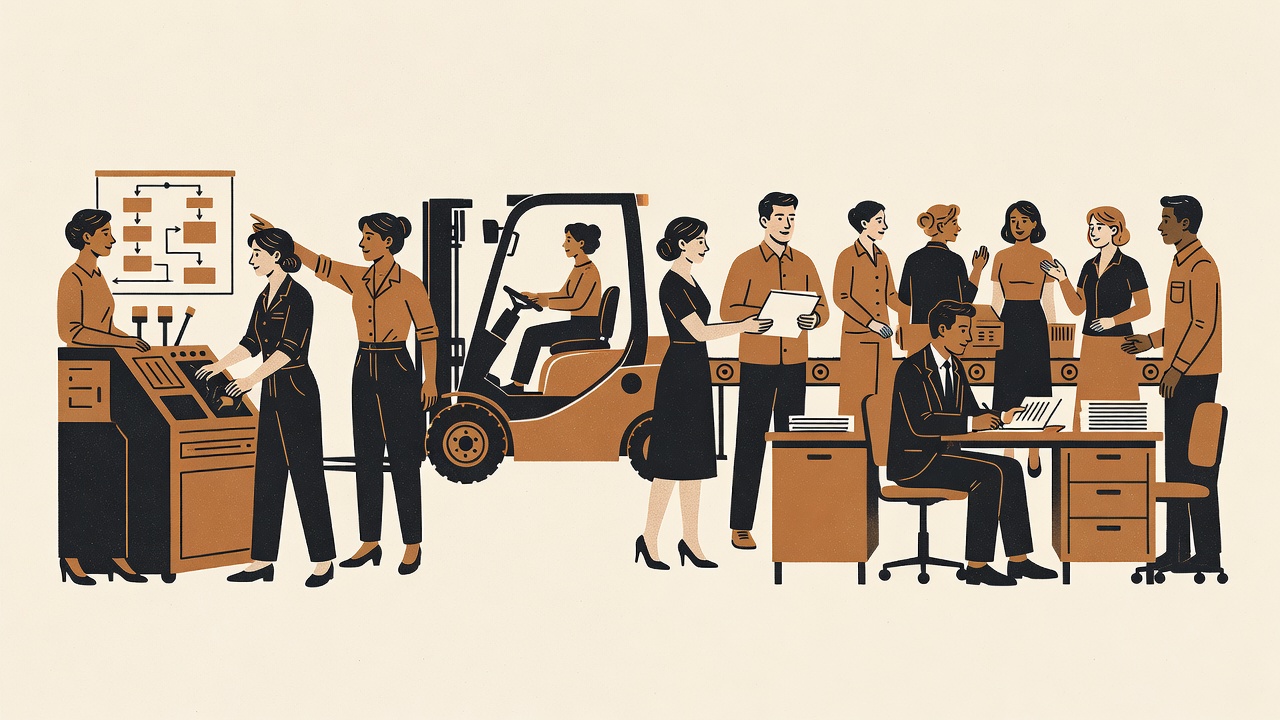 Two-color risograph panorama of a mixed workplace floor: women and men at desks, machines, a conveyor, a woman supervisor at a flow chart, a woman driving a forklift